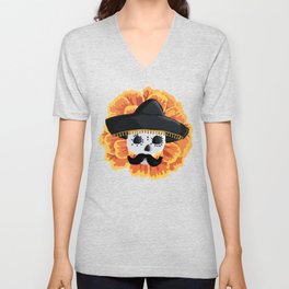 Charro mexican kawaii cute sugar skull mexican style cempasúchil mustache mexican sombrero skeleton  V Neck T Shirt