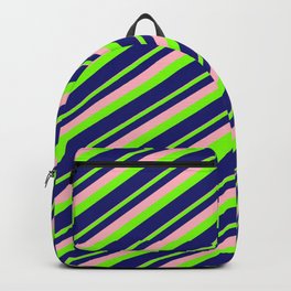 [ Thumbnail: Light Pink, Green, and Midnight Blue Colored Striped/Lined Pattern Backpack ]