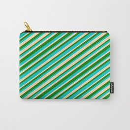 [ Thumbnail: Dark Turquoise, Beige, and Green Colored Striped/Lined Pattern Carry-All Pouch ]