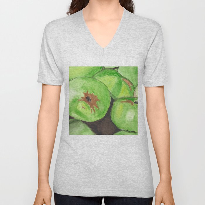 Green Delight Watercolor Painting of a Pile of Green Apples V Neck T Shirt