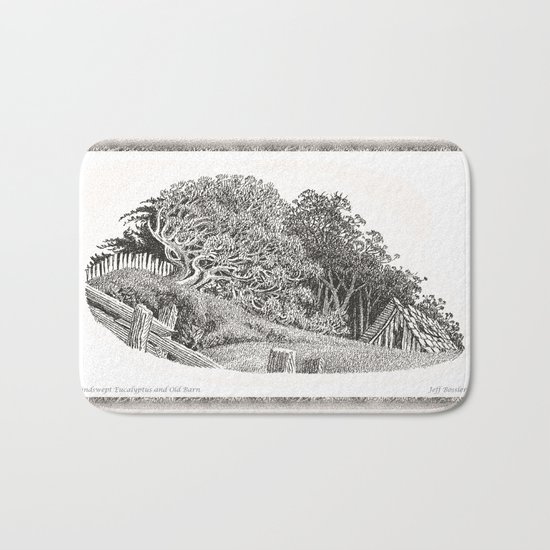 WINDSWEPT EUCALYPTUS TREE AND OLD BARN ON THE MENDOCINO COAST Bath Mat