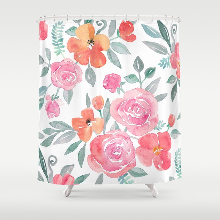 Amelia Floral in Pink and Peach Watercolor Shower Curtain