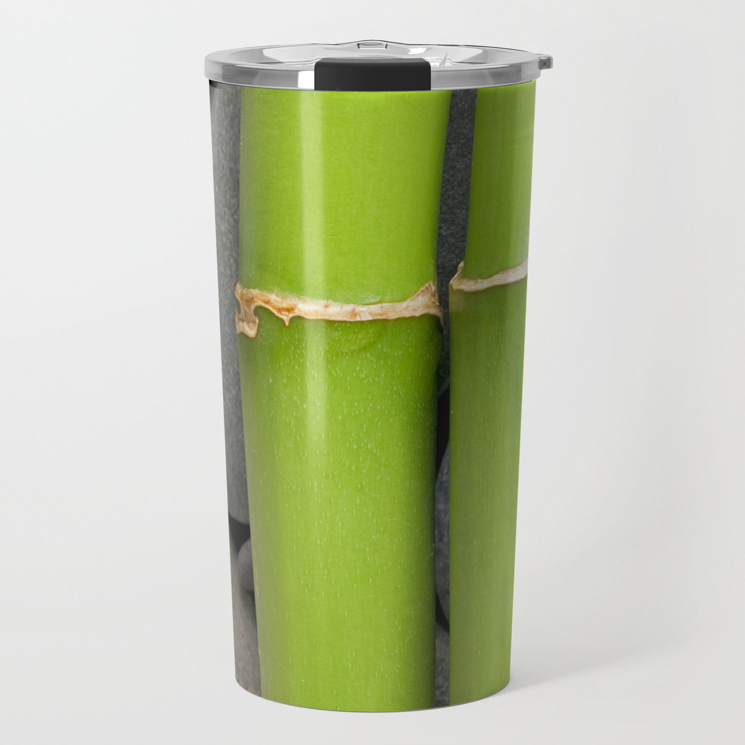 Green Bamboo Sticks On Pebble Travel Mug By Lebensartphotography