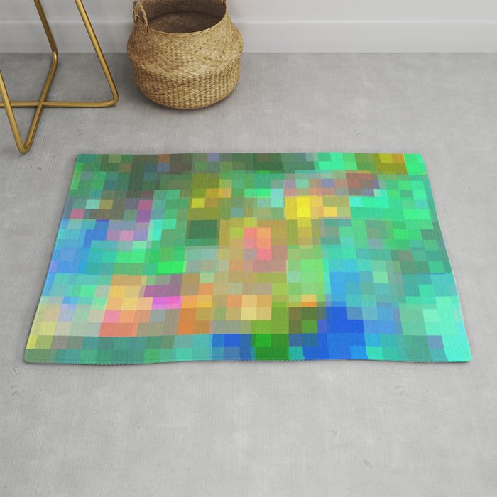 geometric pixel square pattern abstract background in green blue pink Rug