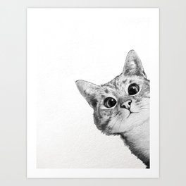 sneaky cat Kunstdrucke | Kitten, Curated, Funny, Design, Modern, Animal, Peeking, Illustration, Black and White, Cat 