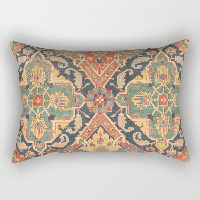 Geometric Leaves VIII // 18th Century Distressed Red Blue Green Colorful Ornate Accent Rug Pattern Rectangular Pillow