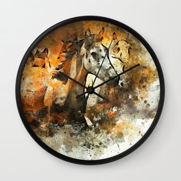 Watercolor Galloping Horses On Raw Canvas | Splatter Painting Wall Clock
