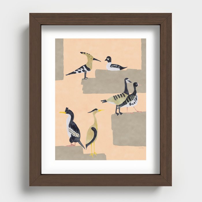 Birds Gathering - Pink and Beige Recessed Framed Print