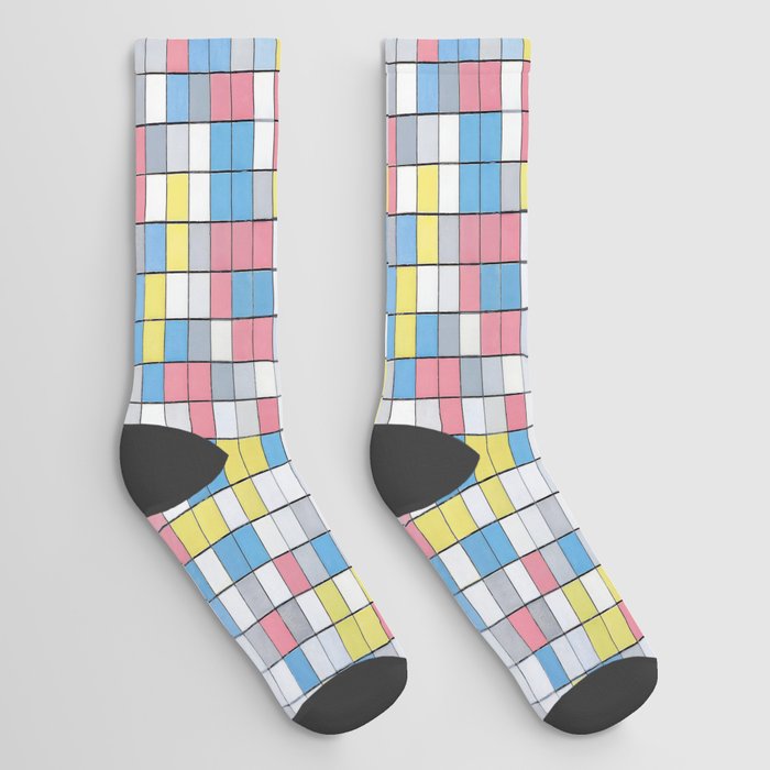 Piet Mondrian (1872-1944) - COMPOSITION WITH GRID 9 - Checkerboard Composition with Light Colors - 1919 - De Stijl (Neoplasticism), Abstraction - Oil - Digitally Enhanced Version II - Socks