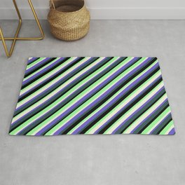 [ Thumbnail: Colorful Beige, Slate Blue, Dark Slate Gray, Black & Green Colored Lined/Striped Pattern Rug ]