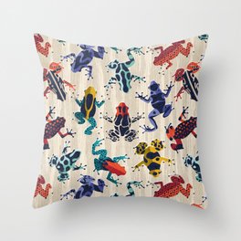 Quirky dart frogs dance // ivory textured background brightly multicoloured poison amphibians Throw Pillow
