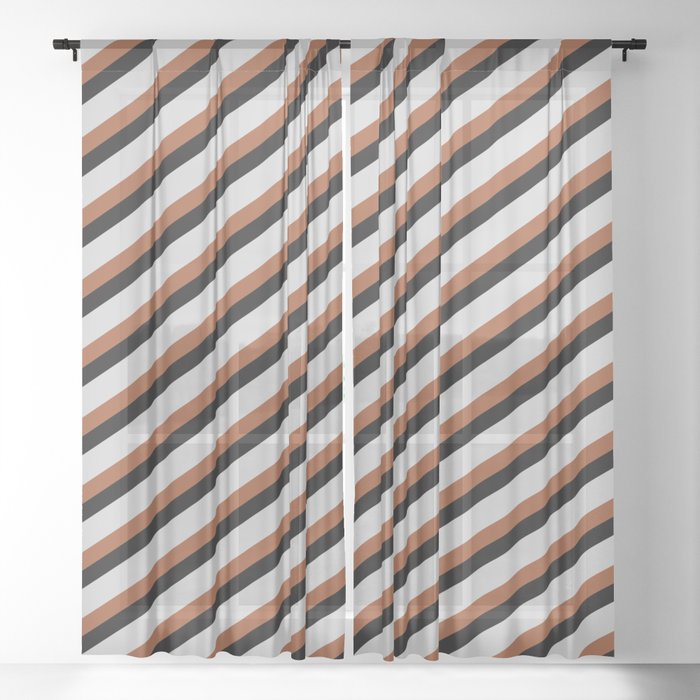 Light Grey, Sienna, and Black Colored Striped/Lined Pattern Sheer Curtain