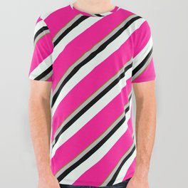 [ Thumbnail: Vibrant Green, Grey, Black, Mint Cream, and Deep Pink Colored Stripes Pattern All Over Graphic Tee ]