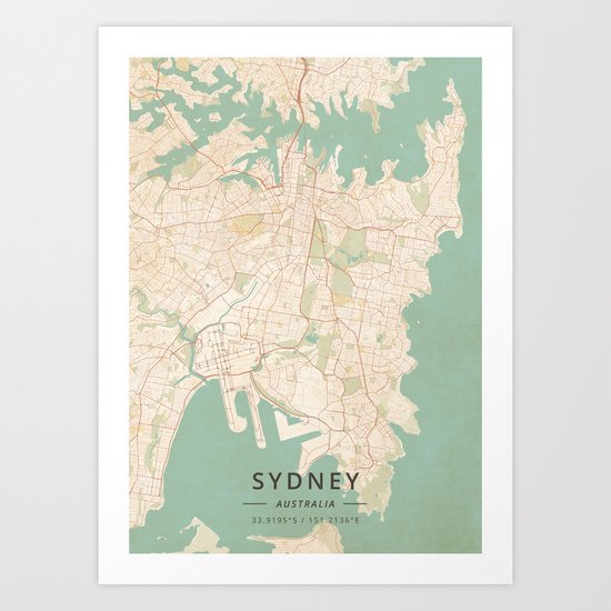 Sydney Australia Vintage Map Art Print By Designermapart Society6
