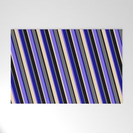[ Thumbnail: Vibrant Dim Grey, Dark Blue, Medium Slate Blue, Tan & Black Colored Striped Pattern Welcome Mat ]