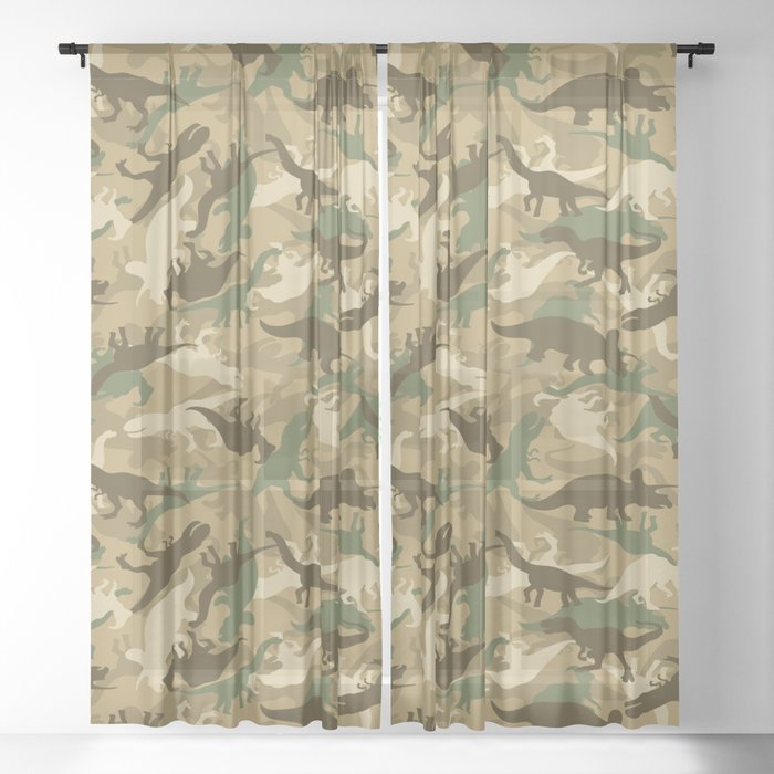 Camouflage Dinosaur Print Olive Green, Tan Sheer Curtains