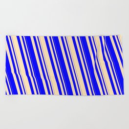 [ Thumbnail: Blue & Beige Colored Striped Pattern Beach Towel ]