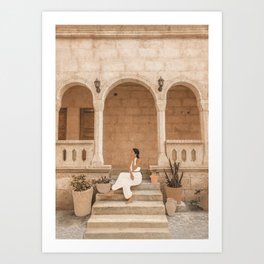 On the Steps Art Print | Dress, Vase, Pot, Terrace, Plant, Abstract, Home, Woman, Girl, Drawing 