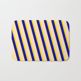 [ Thumbnail: Yellow, Blue, and Bisque Colored Stripes Pattern Bath Mat ]