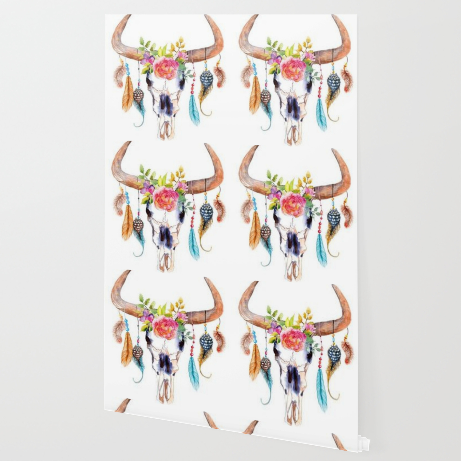 Floral And Feathers Adorned Bull Skull Wallpaper By Whitttwill
