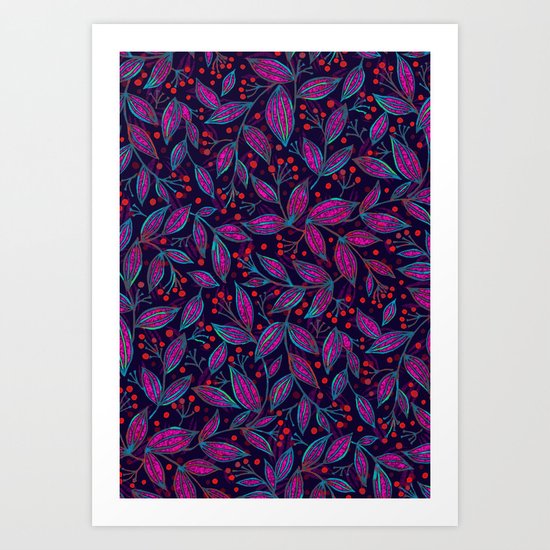 RED BERRIES PINK LEAVES Art Print