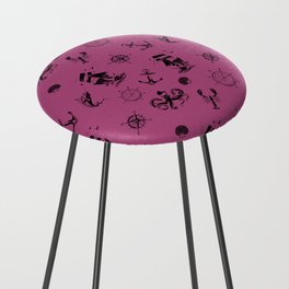 Magenta And Black Silhouettes Of Vintage Nautical Pattern Counter Stool