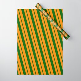 [ Thumbnail: Dark Orange & Dark Green Colored Striped/Lined Pattern Wrapping Paper ]