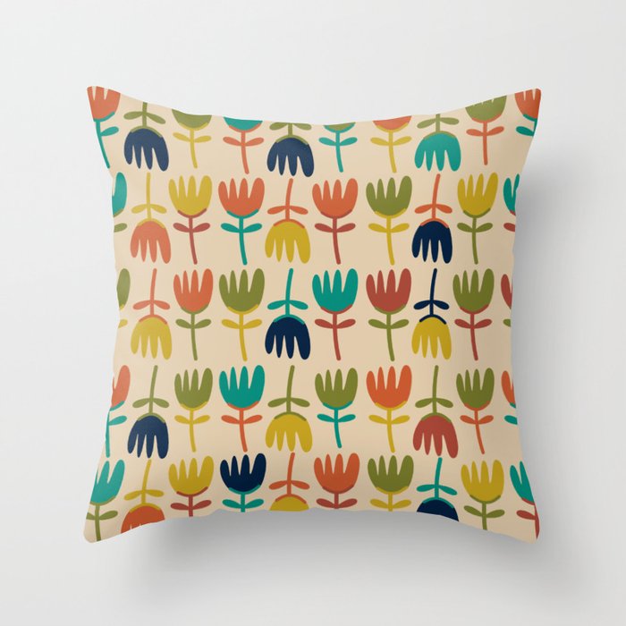 Tulips 3 - Cheerful Multicolor Floral Pattern in Midcentury Modern Mustard, Teal, Olive, Orange, Navy, and Beige Throw Pillow