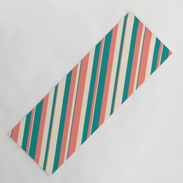 [ Thumbnail: Salmon, Beige & Dark Cyan Colored Pattern of Stripes Yoga Mat ]