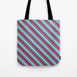 [ Thumbnail: Powder Blue, Dark Turquoise, and Crimson Colored Lined Pattern Tote Bag ]