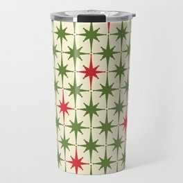 Christmas Starbursts - Atomic Age Xmas Holiday Pattern in Red and Retro Green on Cream Travel Mug