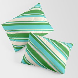 [ Thumbnail: Forest Green, Turquoise & Beige Colored Striped Pattern Pillow Sham ]