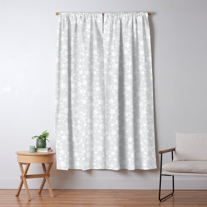 Block Printed White Stars Pattern On Pale Gray Blackout Curtain By