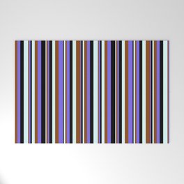 [ Thumbnail: Light Cyan, Brown, Medium Slate Blue & Black Colored Lines Pattern Welcome Mat ]