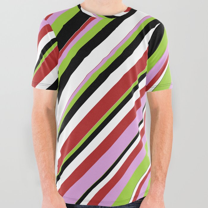 Red, Plum, Green, Black & White Colored Lines Pattern All Over Graphic Tee