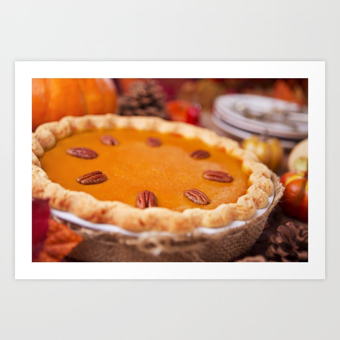 Homemade Pumpkin Pie On A Rustic Table With Autumn Decorations Art