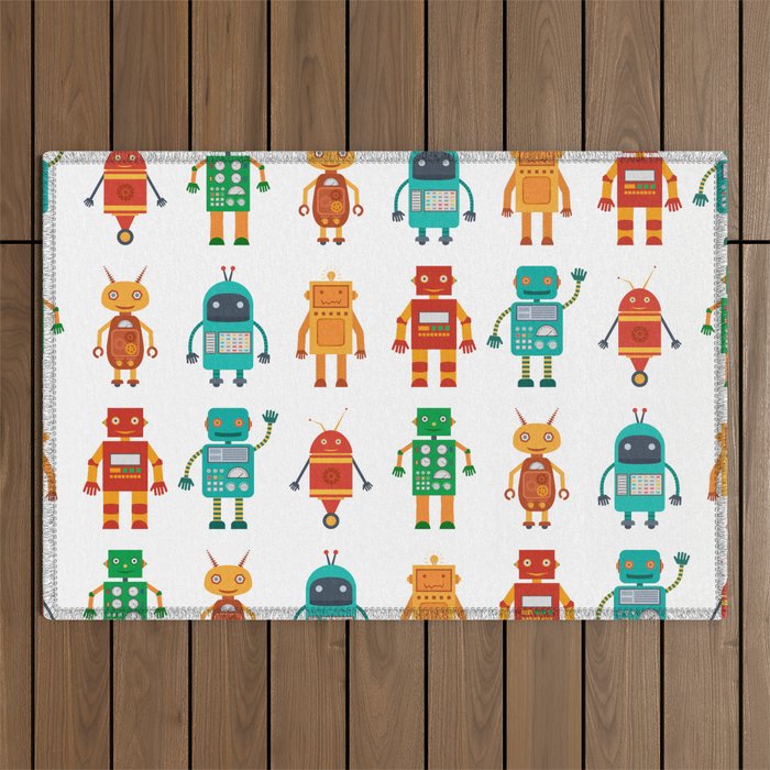 Seamless pattern from colorful retro robots in a flat style on a white background. Vintage illustration.  Outdoor Rug