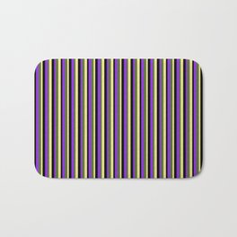 [ Thumbnail: Purple, Black, Tan, and Dark Olive Green Colored Striped Pattern Bath Mat ]