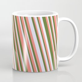 [ Thumbnail: Salmon, Dark Olive Green & Lavender Colored Lines Pattern Coffee Mug ]