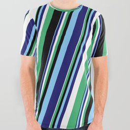 [ Thumbnail: Eyecatching White, Sea Green, Black, Light Sky Blue, and Midnight Blue Colored Stripes Pattern All Over Graphic Tee ]