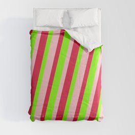 [ Thumbnail: Pink, Crimson, and Chartreuse Colored Lined Pattern Comforter ]
