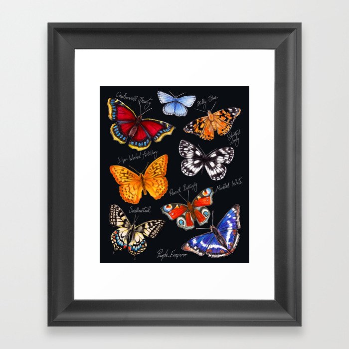 Butterflies On Black Framed Art Print