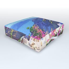 Santorini Greece #2 Outdoor Floor Cushion | Flowers, Summer, Greek, Athens, Vacation, Seascape, Watercolor, Landscape, Europe, Architecture 