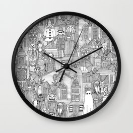 vintage halloween black white Wall Clock | Clown, Ghost, Drawing, Bat, Sharonturner, Architecture, Scarecrow, Halloween, Spooky, Church 