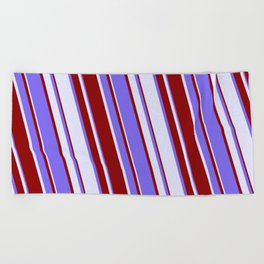 [ Thumbnail: Medium Slate Blue, Lavender & Dark Red Colored Stripes/Lines Pattern Beach Towel ]