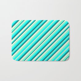 [ Thumbnail: Aquamarine, Cyan, Dark Cyan, and Beige Colored Lined/Striped Pattern Bath Mat ]