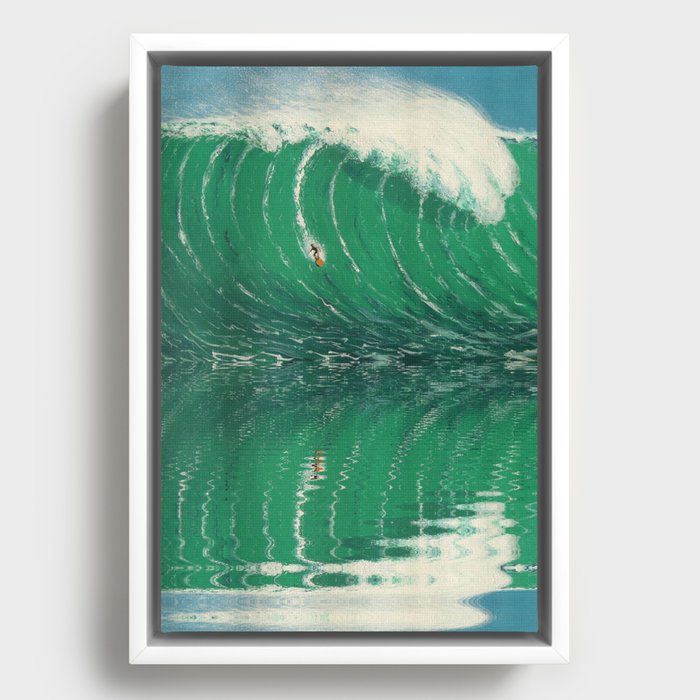 Extreme surfing pipeline wave with mirrored reflection, nazara, california, gulf of mexico, florida keys, hawaii surf landscape painting in emerald green Framed Canvas