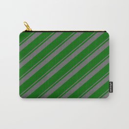 [ Thumbnail: Dim Grey & Dark Green Colored Lined Pattern Carry-All Pouch ]