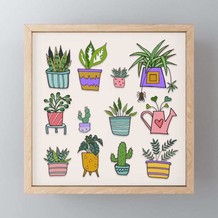 Twelve Whimsical Houseplants in Colorful Pots Framed Mini Art Print
