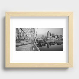 Nashville Skyline and Pedestrian Bridge Panorama Black and White Recessed Framed Print